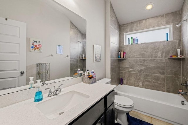 full bathroom featuring vanity, recessed lighting, bathing tub / shower combination, and toilet