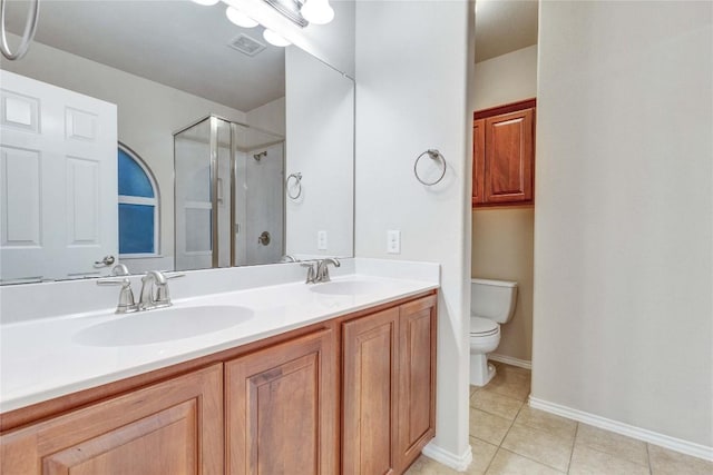 bathroom with a sink, toilet, tile patterned floors, a shower stall, and visible vents