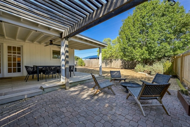 12218 Grimsley Dr, Austin, TX 78759 - view of patio / terrace with a fenced backyard, a wooden deck, a pergola, and outdoor dining space