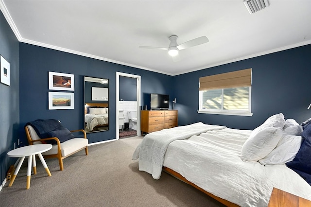12218 Grimsley Dr, Austin, TX 78759 - bedroom with visible vents, crown molding, ceiling fan, carpet, and ensuite bath