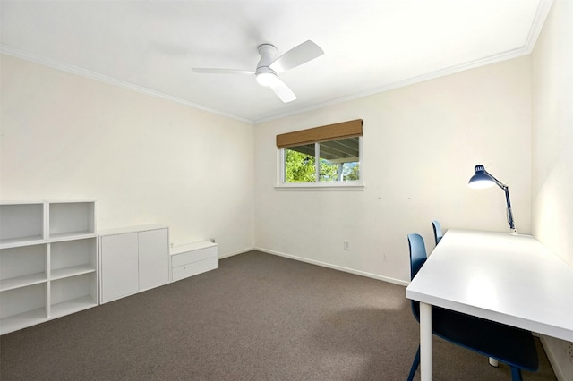 12218 Grimsley Dr, Austin, TX 78759 - unfurnished office with baseboards, ornamental molding, dark carpet, and ceiling fan