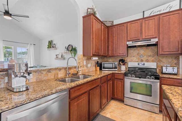 kitchen featuring decorative backsplash, under cabinet range hood, a sink, appliances with stainless steel finishes, and vaulted ceiling