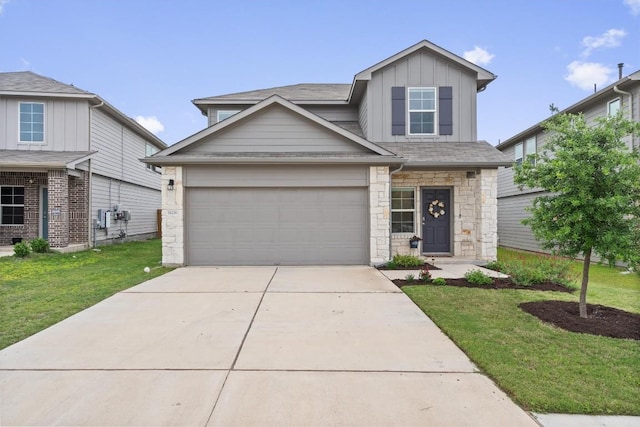 19216 Bear Grass Dr, Elgin, TX 78621 - view of front of home featuring board and batten siding, stone siding, a front yard, driveway, and a garage