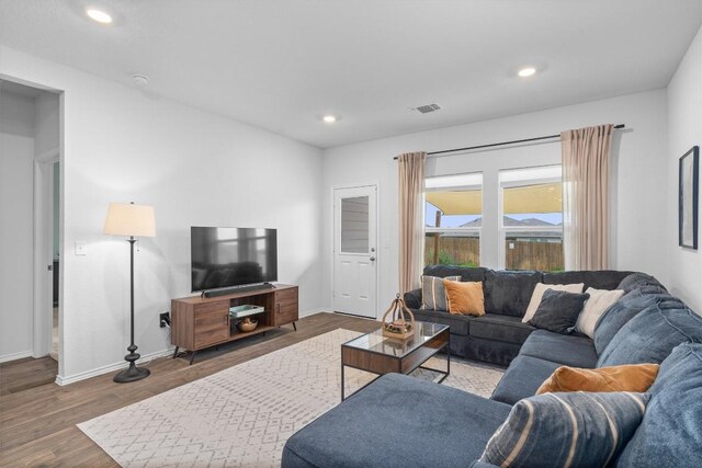 19216 Bear Grass Dr, Elgin, TX 78621 - living area featuring wood finished floors, baseboards, and recessed lighting