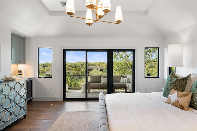 5914 Cape Coral Dr, Austin, TX 78746 - bedroom featuring lofted ceiling, access to exterior, a chandelier, wood finished floors, and baseboards