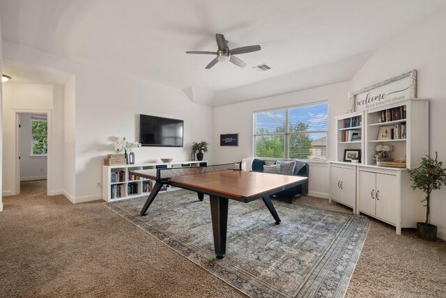 playroom featuring visible vents, carpet flooring, baseboards, and a ceiling fan