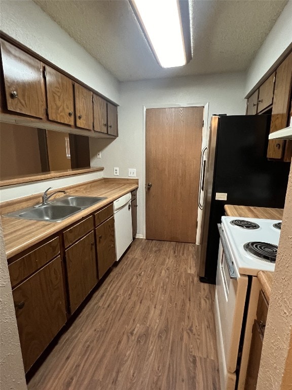 8105 Dowling Cv, Austin, TX 78745 - kitchen with white appliances, wood finished floors, light countertops, and a textured ceiling