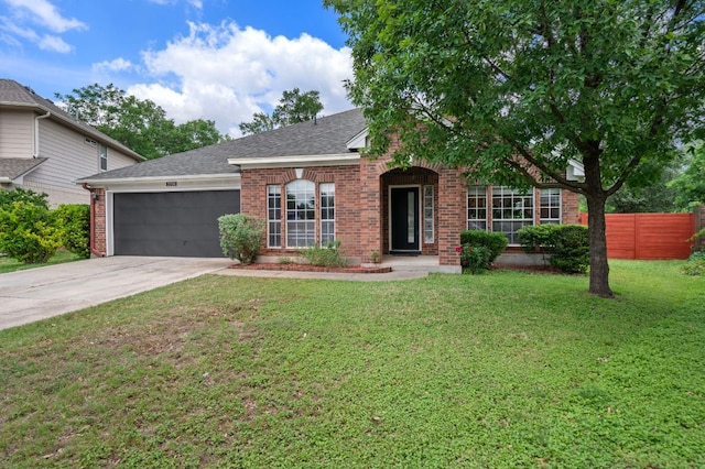 ranch-style house with a garage, concrete driveway, and brick siding