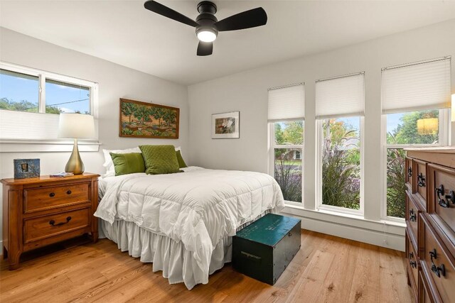 bedroom with a ceiling fan and light wood finished floors