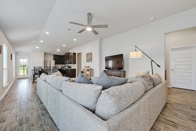 155 Lyndon Dr, San Marcos, TX 78666 - living area featuring ceiling fan, visible vents, vaulted ceiling, wood finished floors, and recessed lighting