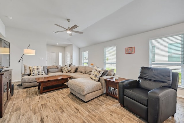 155 Lyndon Dr, San Marcos, TX 78666 - living area with baseboards, light wood-style flooring, ceiling fan, and lofted ceiling