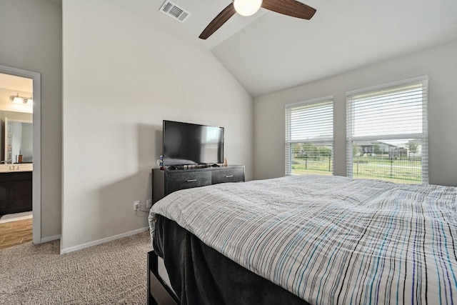 155 Lyndon Dr, San Marcos, TX 78666 - bedroom featuring ceiling fan, visible vents, baseboards, lofted ceiling, and light carpet
