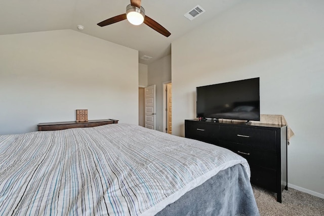 155 Lyndon Dr, San Marcos, TX 78666 - bedroom featuring light carpet, a ceiling fan, baseboards, vaulted ceiling, and visible vents