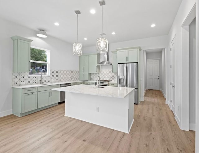 602 Shorewood Dr, Granite Shoals, TX 78654 - kitchen with a sink, decorative backsplash, stainless steel appliances, and green cabinetry