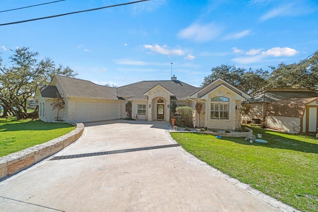view of front of home with stone siding, a front yard, brick siding, an attached garage, and driveway