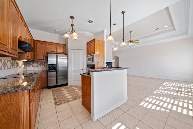 kitchen with ventilation hood, stainless steel appliances, light tile patterned floors, backsplash, and visible vents