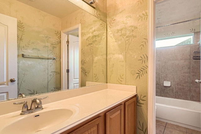 bathroom with vanity, tub / shower combination, and tile patterned floors