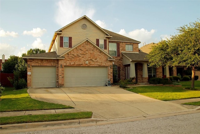 2420 Dakota Dunes Ct, Pflugerville, TX 78660 - view of front of property featuring brick siding, driveway, a front yard, a garage, and a shingled roof