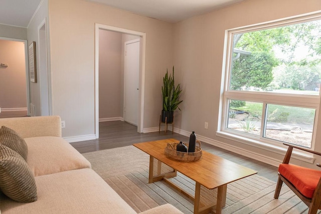 living area with baseboards and wood finished floors