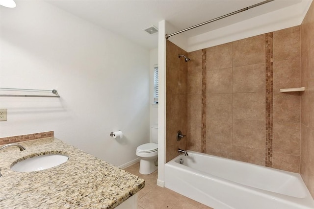 bathroom featuring tile patterned flooring, shower / bathtub combination, toilet, baseboards, and visible vents