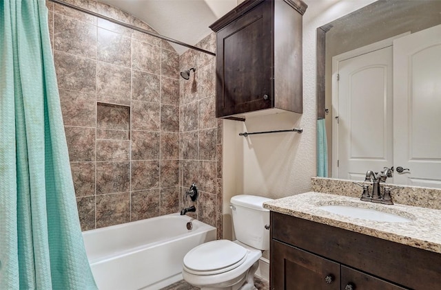full bathroom with shower / bath combo with shower curtain, toilet, and vanity
