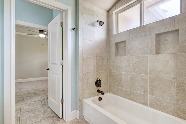 full bathroom featuring ceiling fan, tub / shower combination, baseboards, and tile patterned flooring