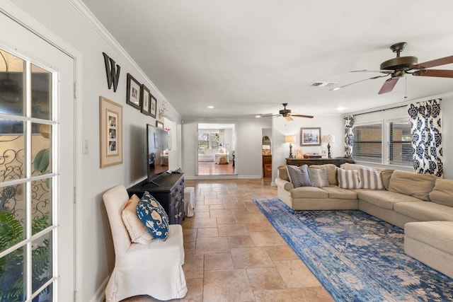 1418 Jackson Rd, Kerrville, TX 78028 - living room with a ceiling fan, baseboards, stone finish flooring, recessed lighting, and visible vents