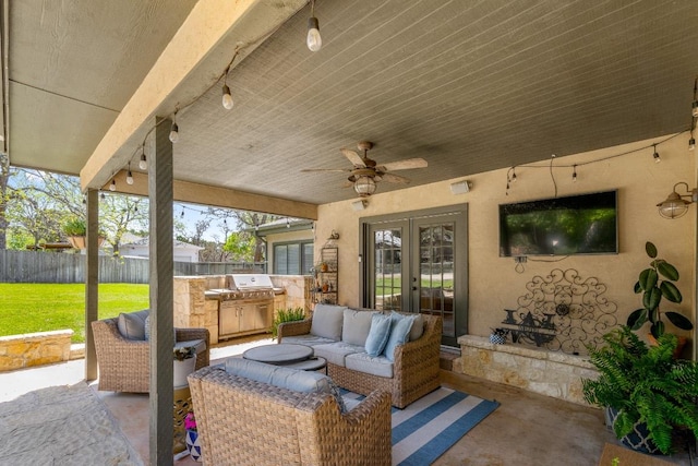 1418 Jackson Rd, Kerrville, TX 78028 - view of patio featuring fence, an outdoor hangout area, ceiling fan, grilling area, and french doors