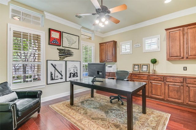 1916 Wimberly Ln, Austin, TX 78735 - office space featuring ceiling fan, dark wood finished floors, ornamental molding, and baseboards