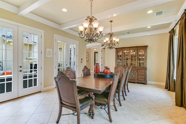 dining area featuring light tile patterned floors, french doors, beam ceiling, and visible vents