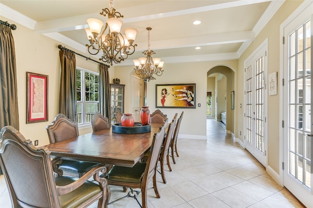 1916 Wimberly Ln, Austin, TX 78735 - dining space with arched walkways, a chandelier, light tile patterned floors, baseboards, and beamed ceiling