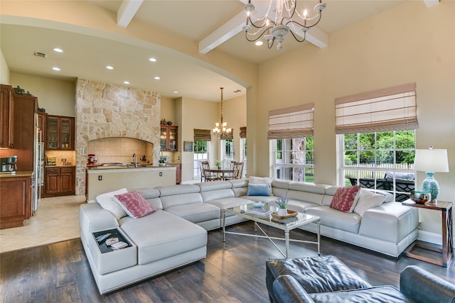 1916 Wimberly Ln, Austin, TX 78735 - living area featuring a chandelier, a towering ceiling, beam ceiling, recessed lighting, and wood finished floors