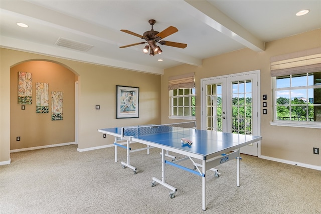 1916 Wimberly Ln, Austin, TX 78735 - game room with arched walkways, beam ceiling, carpet flooring, baseboards, and recessed lighting
