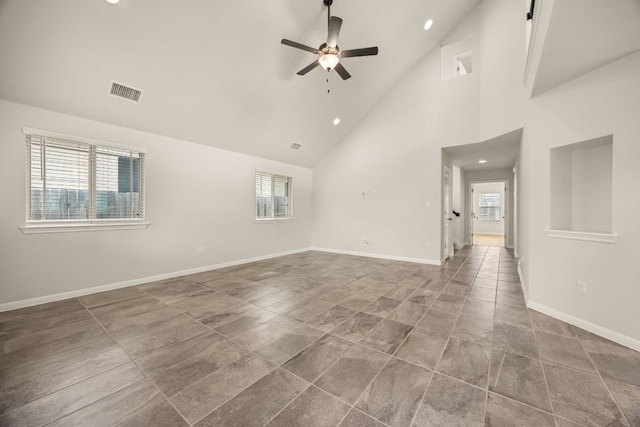 2813 Hopi Path Unit 11, Georgetown, TX 78628 - unfurnished living room featuring ceiling fan, high vaulted ceiling, recessed lighting, baseboards, and visible vents