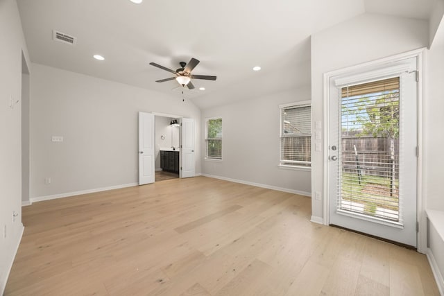 2813 Hopi Path Unit 11, Georgetown, TX 78628 - interior space with visible vents, lofted ceiling, light wood-style floors, recessed lighting, and a ceiling fan