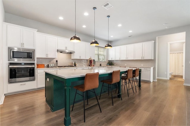 8600 Chrysler Bnd, Austin, TX 78744 - kitchen featuring appliances with stainless steel finishes, under cabinet range hood, white cabinetry, and visible vents