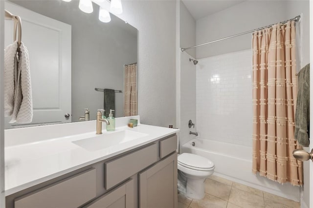 8600 Chrysler Bnd, Austin, TX 78744 - bathroom featuring vanity, shower / bathtub combination with curtain, tile patterned floors, and toilet