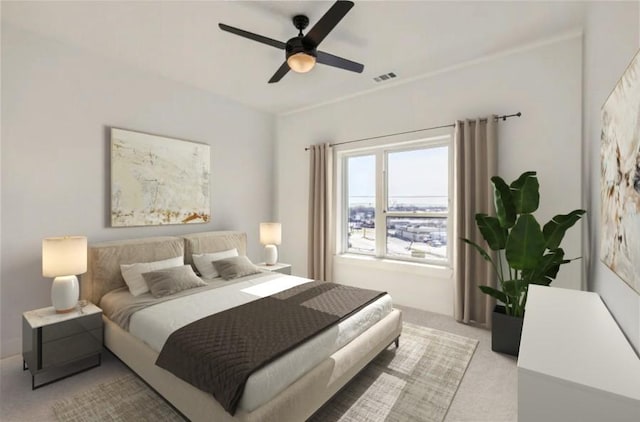 bedroom featuring light colored carpet, ceiling fan, and visible vents