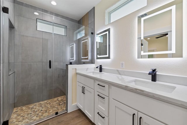 bathroom featuring double vanity, a shower stall, and a sink