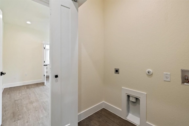 clothes washing area featuring washer hookup, laundry area, electric dryer hookup, hookup for a gas dryer, and dark wood-style floors