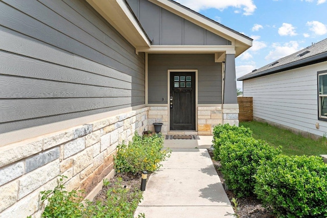 316 Ancellotta Way, Leander, TX 78641 - property entrance with board and batten siding and stone siding