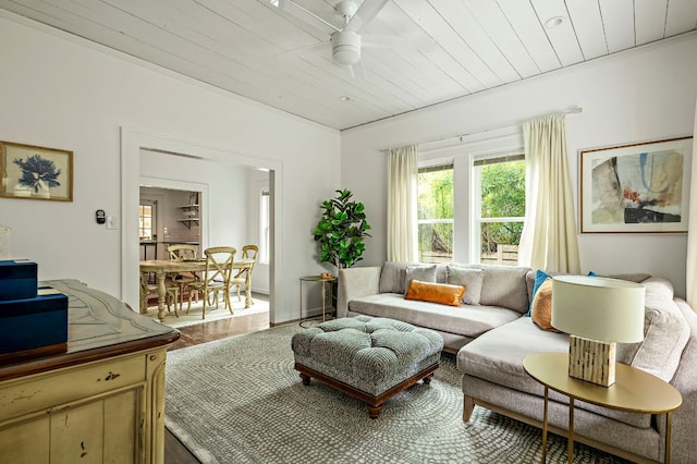 1613 Garden St, Austin, TX 78702 - living room featuring wood ceiling and ceiling fan