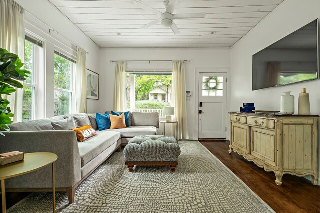 1613 Garden St, Austin, TX 78702 - living area featuring healthy amount of natural light, dark wood finished floors, a ceiling fan, and wood ceiling