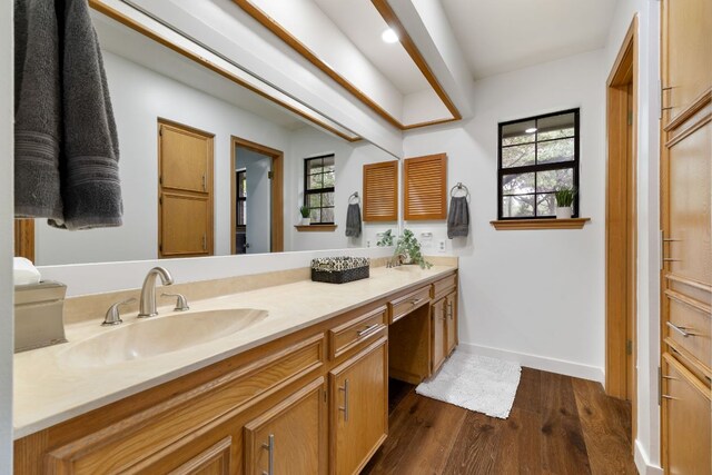 bathroom featuring baseboards, vanity, and wood finished floors