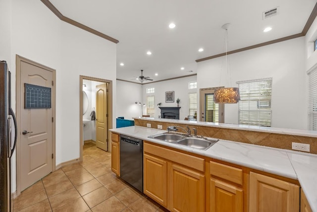 6704 Menchaca Rd Unit 43, Austin, TX 78745 - kitchen with dishwasher, ceiling fan, freestanding refrigerator, ornamental molding, and light countertops
