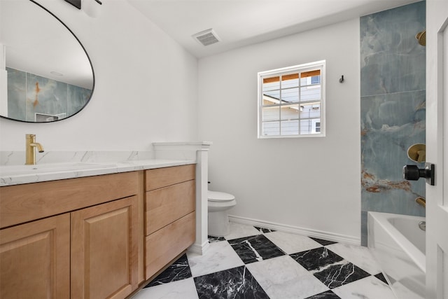 1007 Payne Ave, Austin, TX 78757 - full bathroom with visible vents, vanity, shower / bathtub combination, toilet, and baseboards