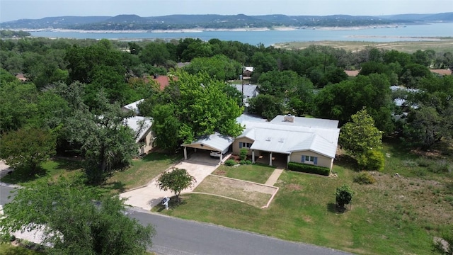 drone / aerial view featuring a water view