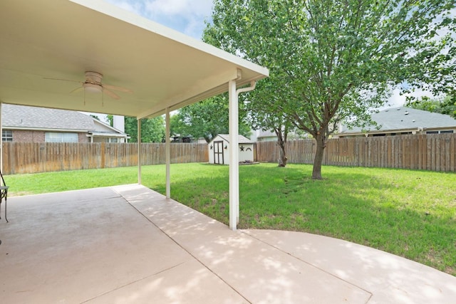 1809 Woodland Dr, Cedar Park, TX 78613 - view of patio featuring a storage shed, ceiling fan, an outdoor structure, and a fenced backyard