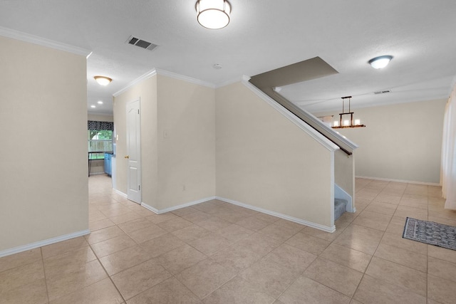 1809 Woodland Dr, Cedar Park, TX 78613 - interior space featuring crown molding, light tile patterned flooring, baseboards, visible vents, and stairway