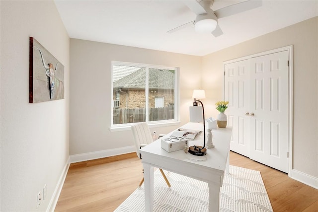 office with baseboards, a ceiling fan, and light wood-type flooring
